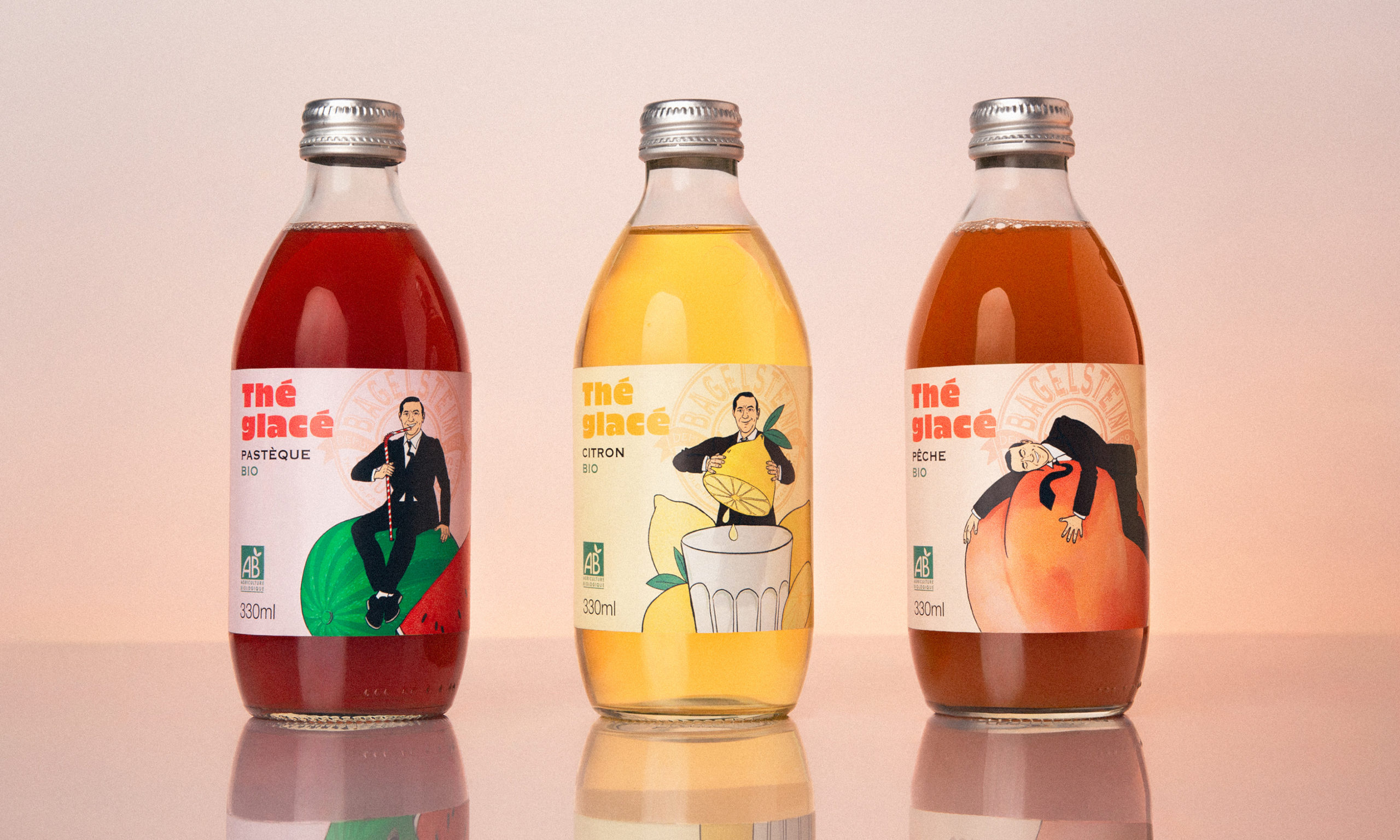 packaging de boissons illustré pour la gamme de thés glacés et limonades Bagelstein