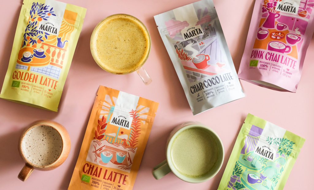 Graphiste pour des Packaging food illustrés dans des teintes colorées pour Atelier Marta, illustratrice food à paris